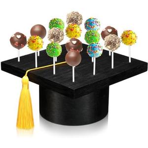 DoubleFill Graduation Hat Wooden Cake Pop Stand Lollipop Holder for Dessert Table 16 Holes Cake Pop Display Stand Suit 0.16''/4mm Lollipop Sticks for Birthday Parties Weddings Baby Showers