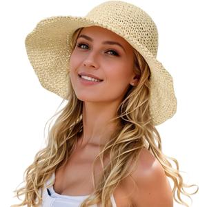 Womens Straw Beach Sun Hats, Foldable Packable Floppy Handmade Crochet Hats for Women,Large Summer Vacation Wide Brim Hat