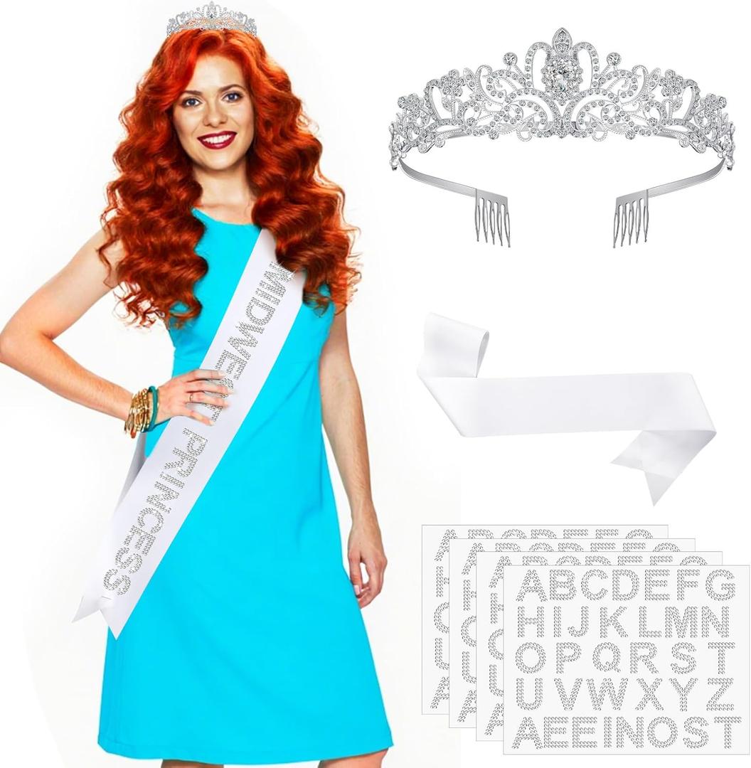 Remuuly 1 Set Princess Sash for Pageants Prom Queen Crown Blank Sashes Rhinestones Tiara Satin Sash with Rhinestone Iron on Letters Stickers for Halloween Prom Graduation