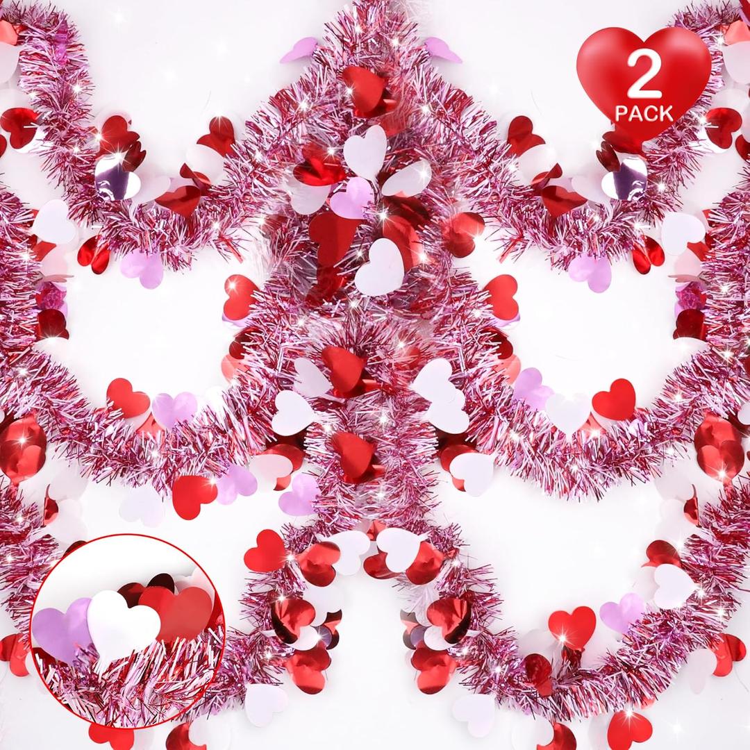 Valentines Day Decor, Total 66 Ft 2 Strings Valentines Heart Tinsel Garland Red Pink White Metallic Hanging Garland Valentine's Day Decorations for Home Indoor Outdoor Mantel Table Wedding Party Decor