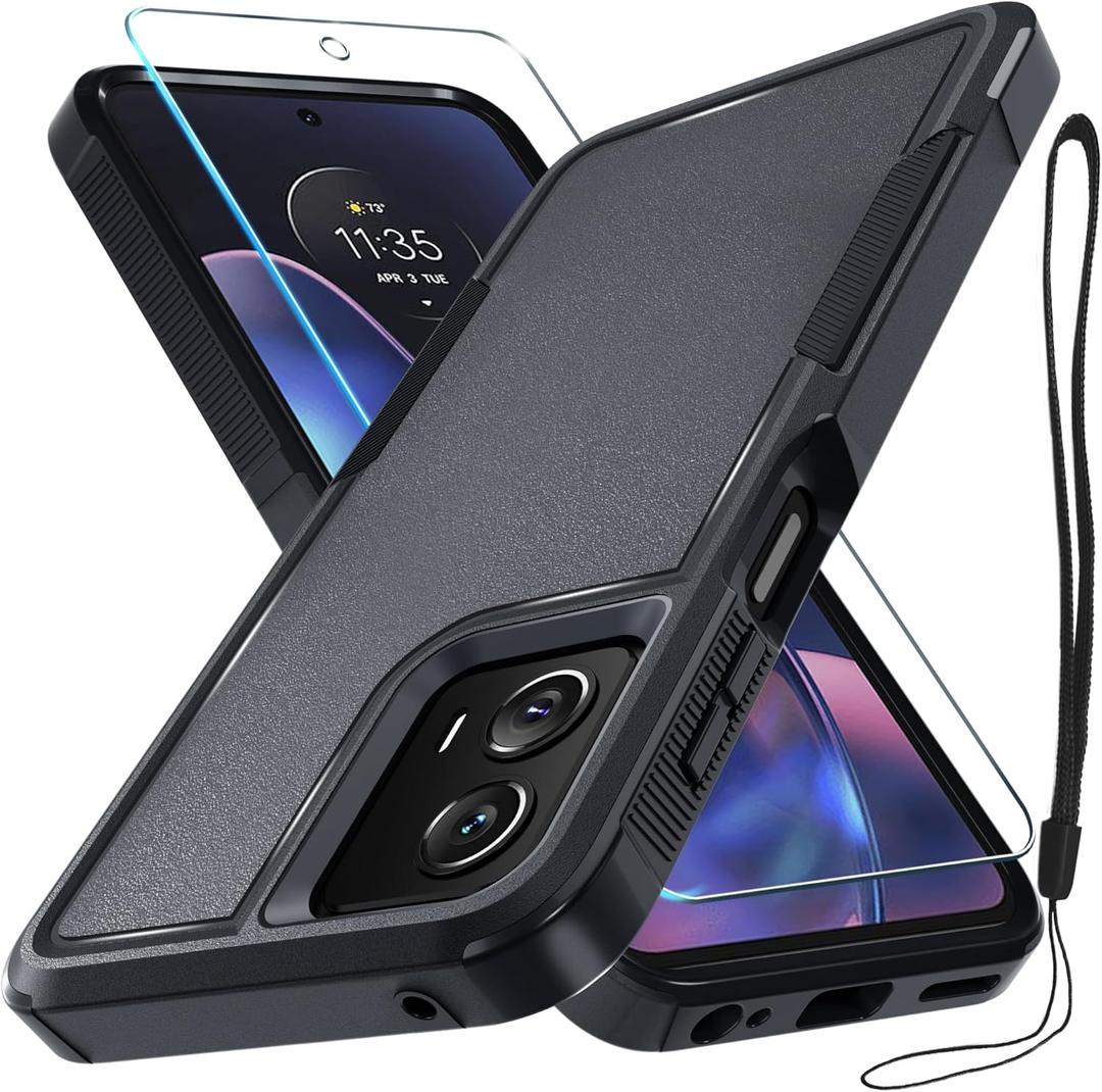 RMOCR Case Compatible with Moto G 5G 2024, Full Body Heavy Duty Rugged Shockproof Protective Phone Cover with Lanyard Strap, Tempered Glass Screen Protector, Black Matte