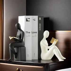 Home Decorative Reading Women Girl Statue Bookends Elegant Resin Bookshelf Room Office Desk Decor,Paper Weights, Book Ends,Bookend Supports, Book Stoppers, Set of 2 (Black and White)