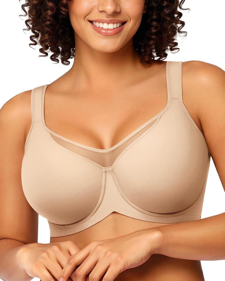 LetsJoli Minimizer Bras for Women Full Coverage Plus Size Comfort T Shirt Unlined Bra with Underwire for Heavy Breast (Brown, M)