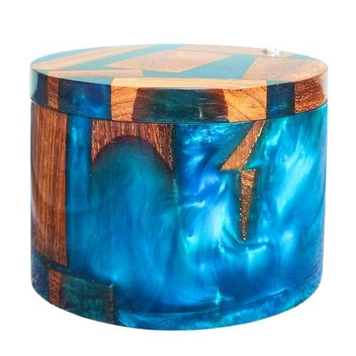 Resin Wooden Salt Box with Magnetic Swivel Lid - Handcrafted Namakdani - Rosewood Container for Celtic Salt, Spice, Pepper, Salt Herbs- Elegant Kitchen Accessory for Decorative Countertop(Blue Resin)
