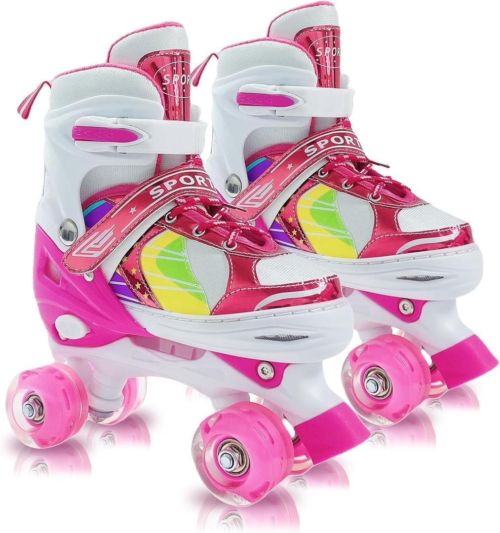 Adjustable Kids Roller Skates for Girls and Boys Ages, All 8 Wheels of Girl's Skates Shine, Safe and Fun Illuminating for Outdoor Indoor Sports (Dark Pink, Small-Little Kid (10C-13C))