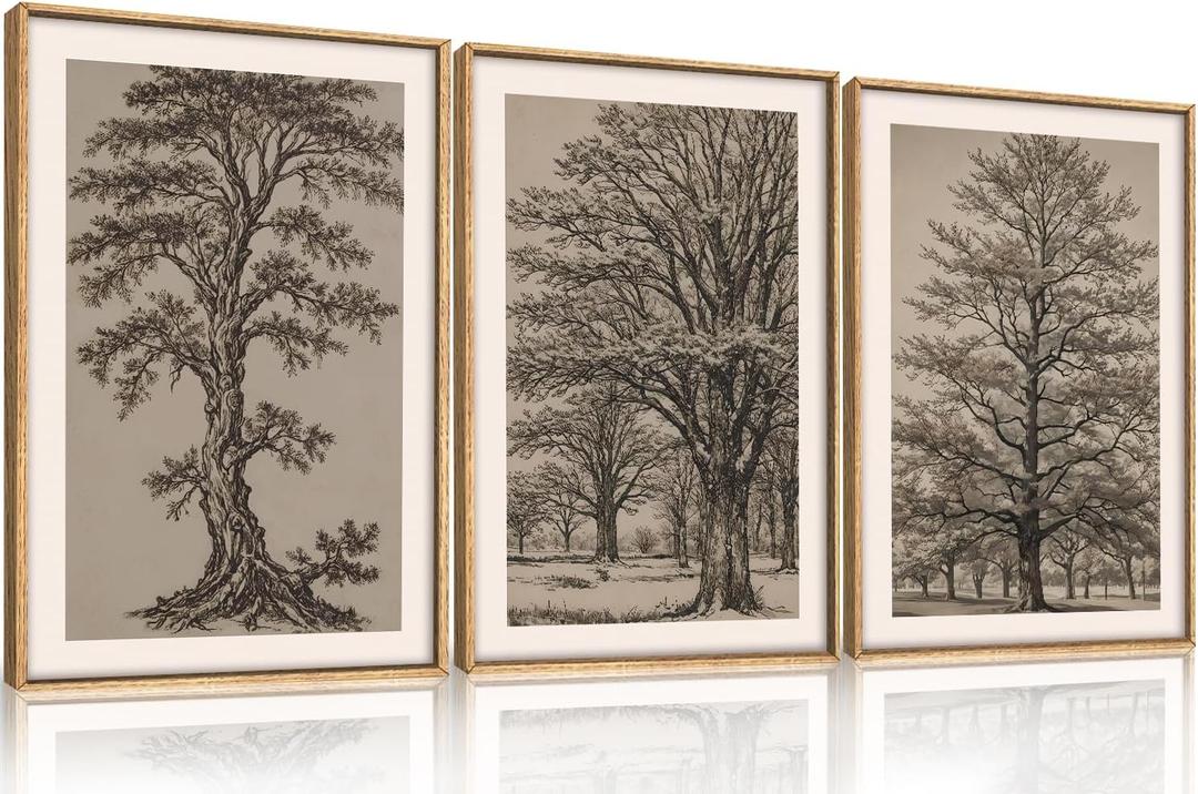 HOURIA Vintage Tree Sketch Framed Canvas Wall Art Set,Natural Brown and Gray Woodland Wall Decor,Mid Century Nature Forest Artwork,Textured Botanical Art Print for Living Room,Bedroom,Office-16"x24"x3