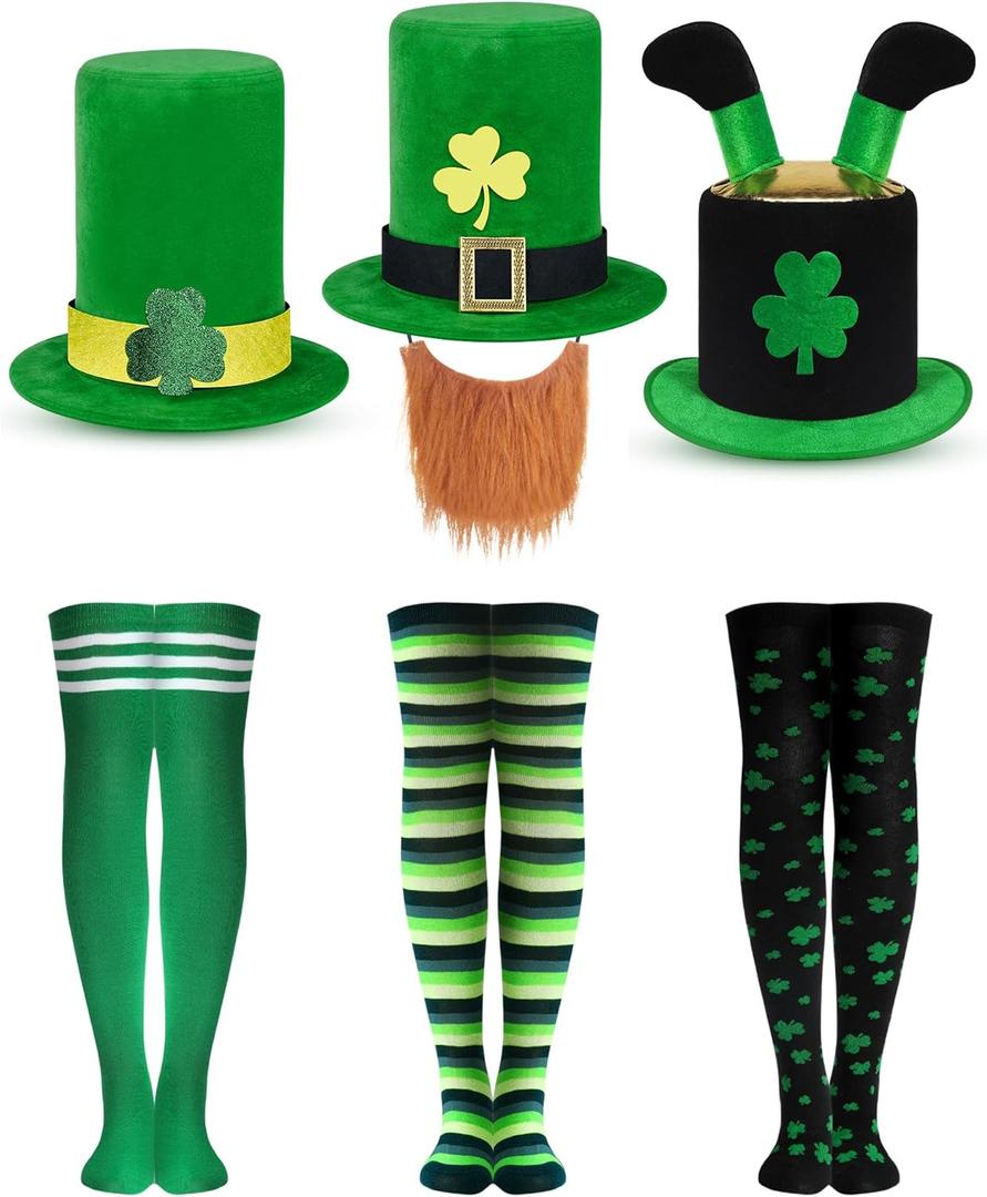 Geyoga 6 Pcs St. Patrick's Day Party Costume Accessories Including 3 Leprechaun Hat and 3 Ireland Shamrock Thigh High Stocking for Women Men Adult Fall Cosplay Costume(st. Patrick's Day)