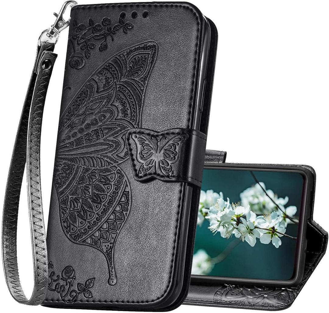 Designed for Samsung Galaxy S20 FE Case Wallet,Women Flip Cover with Butterfly Embossed PU Leather Kickstand Credit Card Holder Slots Magnetic Wrist Strap Phone Case (Black)