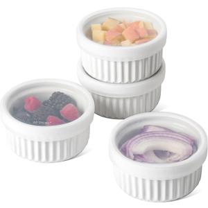 LE TAUCI Ramekins with Lids, 8 OZ Ramekins Oven Safe, Creme Brulee Ramekin Bowls, Ceramic Souffle Dishes with Covers, Custard Cups for Baking, Pudding, Serving Dip, Ice Cream, Set of 4, White