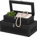 Rattan Decorative Box,Boho Display Boxes with Lids,Set of 2 Rectangular Wicker Storage Decoration,Natural Woven Cane Bins for Home Decor for Rustic Farmhouse(Black)