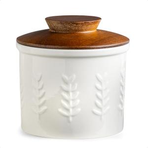 Butter Crock, Ceramic Butter Dish with Lid for Countertop, French Butter Keeper, Elegant Embossed Pattern, White