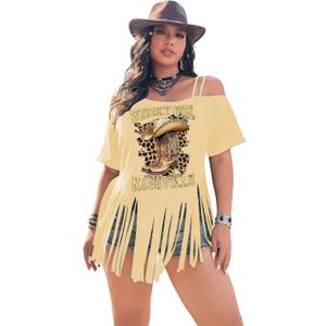 Women's Plus Size Cold Shoulder Fringe Tassel Cowgirl Graphic Short Sleeve Hippie Western T Shirt (XXL)