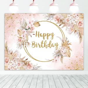 Mocsicka Boho Happy Birthday Backdrop 7x5ft Bohemian Pampas Grass Blush Birthday Party Decorations Photo Backdrops Boho Floral Girl Birthday Photography Background