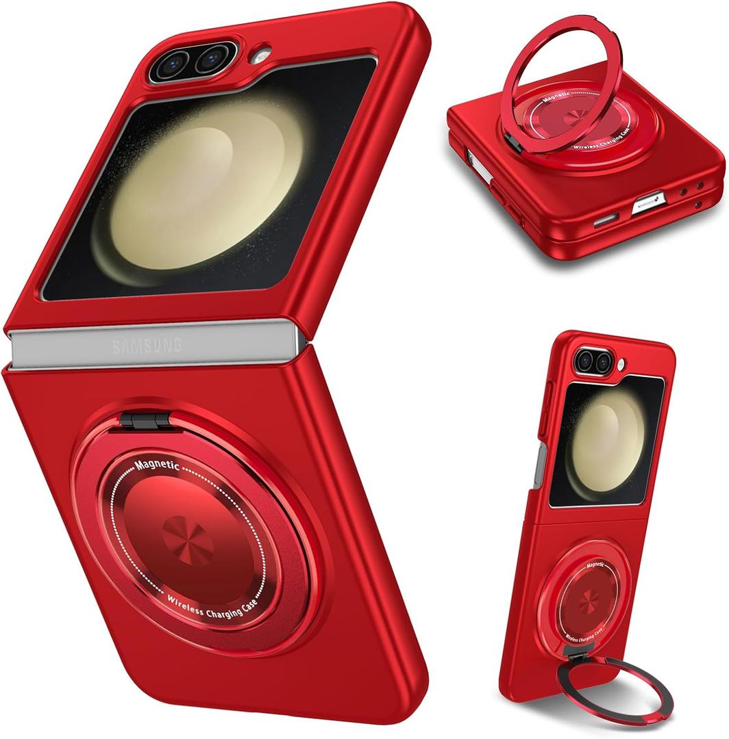 Magnetic Case for Samsung Galaxy Z Flip 5, [Compatible with MagSafe] Military Grade Shockproof Slim fit Samsung Z Flip 5 Phone Case with Magnetic Ring Kickstand, Red