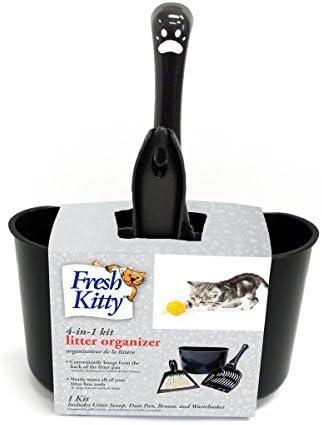 Fresh Kitty 4-in-1 Litter Box Organizer Cleanup Kit  Cat Litter Box Cleaning Supplies  Sweeper & Dustpan, Scooper, Storage Caddy, Black