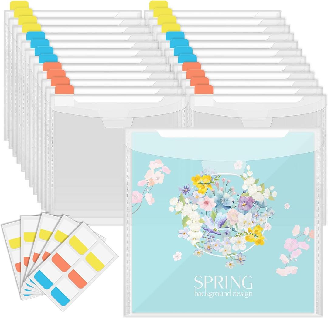 32 PCS 12x12 Inch Scrapbook Paper Storage Organizer with 60 PCS Index Tabs, Clear Plastic Craft Paper Storage Organizers for Holding Scrapbook Papers Vinyl Photos Cardstock, Sealing Design