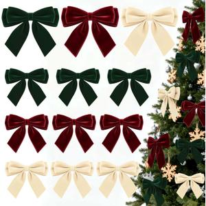 12Pcs Velvet Bows for Christmas Tree, Red Green Beige Bows Christmas Decorations with Twist Tie, Bulk Vintage Velvet Ornaments for Wreath Garland Gift Wrapping Wedding Champagne Parties 6x6in