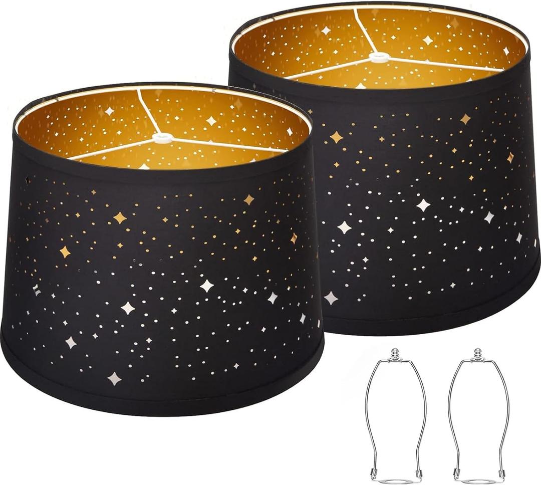 Black Drum Lampshades Set of 2 With Sky Stars Design, 11.6" x 12.6" x 9.8" for Table Lamp, Floor Lamp, Pendant Light - Easy Assembly Required