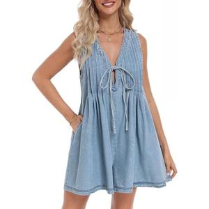 Vidifid Women's Casual Summer Sleeveless Denim Romper Tie Front V Neck Ruffle Jean Short Overall With Pockets, Size XL