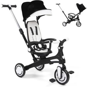 Toddler Bike, Tricycle for Toddlers 1-3, 6 in 1 Kids Baby Trike with Adjustable Push Handle and Canopy, Rotatable Seat, Safety Harness, Storage, Toddler Stroller Bike for 10 Months+, Black