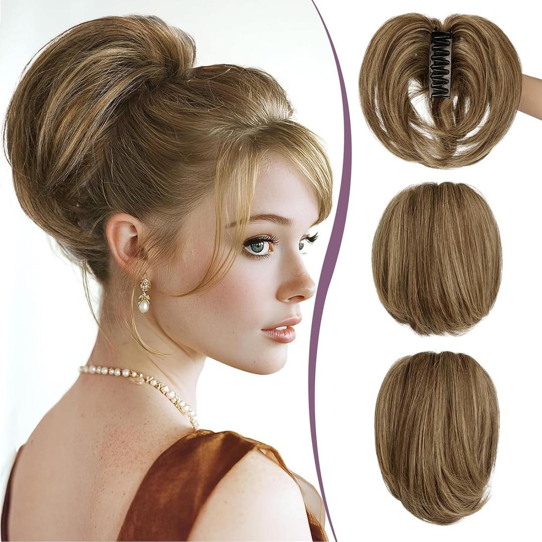 RUWISS Claw Clip Short Human Hair Ponytail Extension with Bendable Metals for DIY Styles, Straight Messy Bun Hair Piece for Women Thick Hairpieces for Daily Wear, 9 Inch Brown with Blonde Highlight