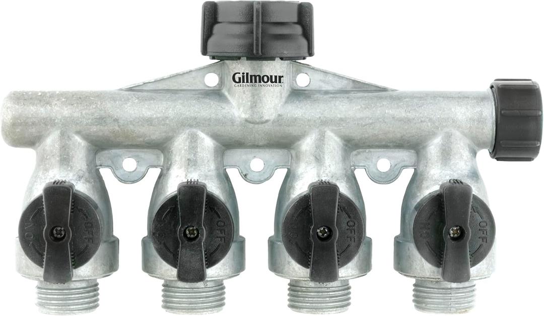 Gilmour Heavy Duty 4 Way Garden Hose Splitter, Quad Water Hose Splitter with Shut Off Valve, Metal Water Manifold, Aluminum