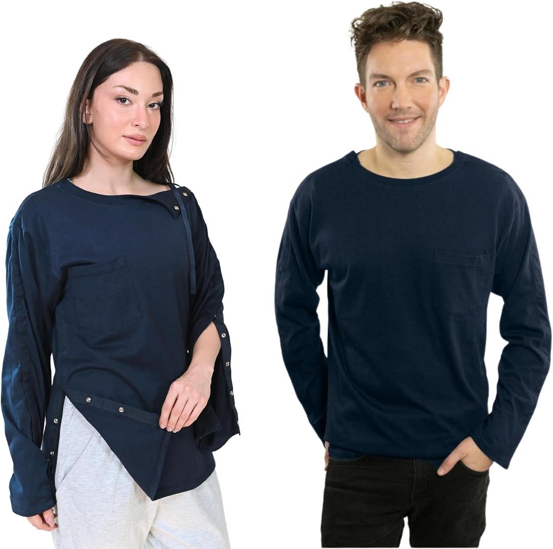 Inspired Comforts Unisex Post-Surgery/Dialysis Shirt | Full Tearaway Design with Easy-Open Shoulder, Arm & Side Snaps (Medium, Navy)
