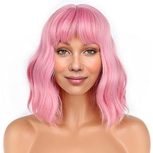 LANICE Short Bob Pink Wigs with Bangs for Women Loose Wavy Hair Shoulder Length Wigs Synthetic Colorful Wigs for Cosplay Daily Party Use(Pink, 12inch)