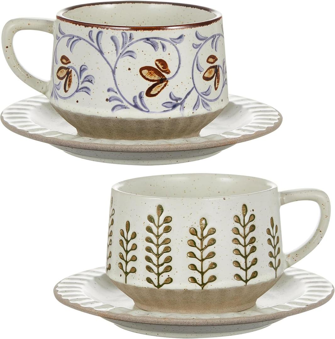 LemonRoad 2 Sets Vintage Tea Cup and Saucer Set Floral Tea Cup with Saucer 10oz Porcelain Vintage Coffee Mugs for Spring Party Birthday Gift Coffee (Leaves and Tang Grass Design)