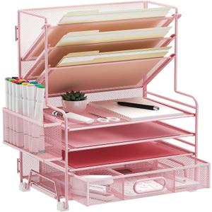 4-Tier Paper Organizer + 3-Pocket File Holder + Drawer + Pen Holders, Desktop File Organizers Paper Tray for Office Supplies School Classroom Organization (Pink, with Drawer & Pen Holder)