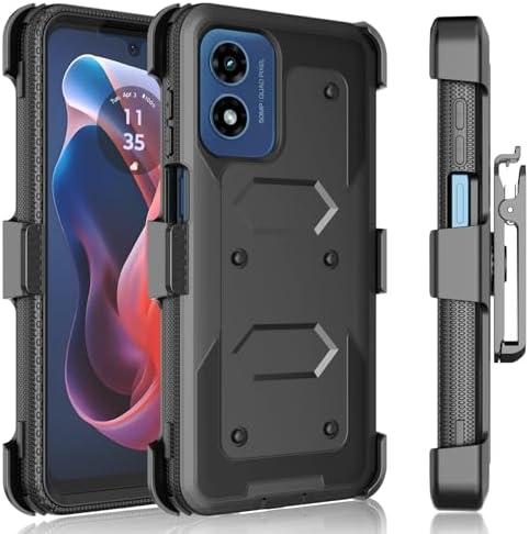 Tekcoo Holster Case for Motorola Moto G Play 2024 | 4G Only | XT2413 [Tshell] Shock Absorbing [Built-in Screen Protector] [Kickstand Locking Belt Clip] Carrying Swivel Defender Full Body Cover - Black