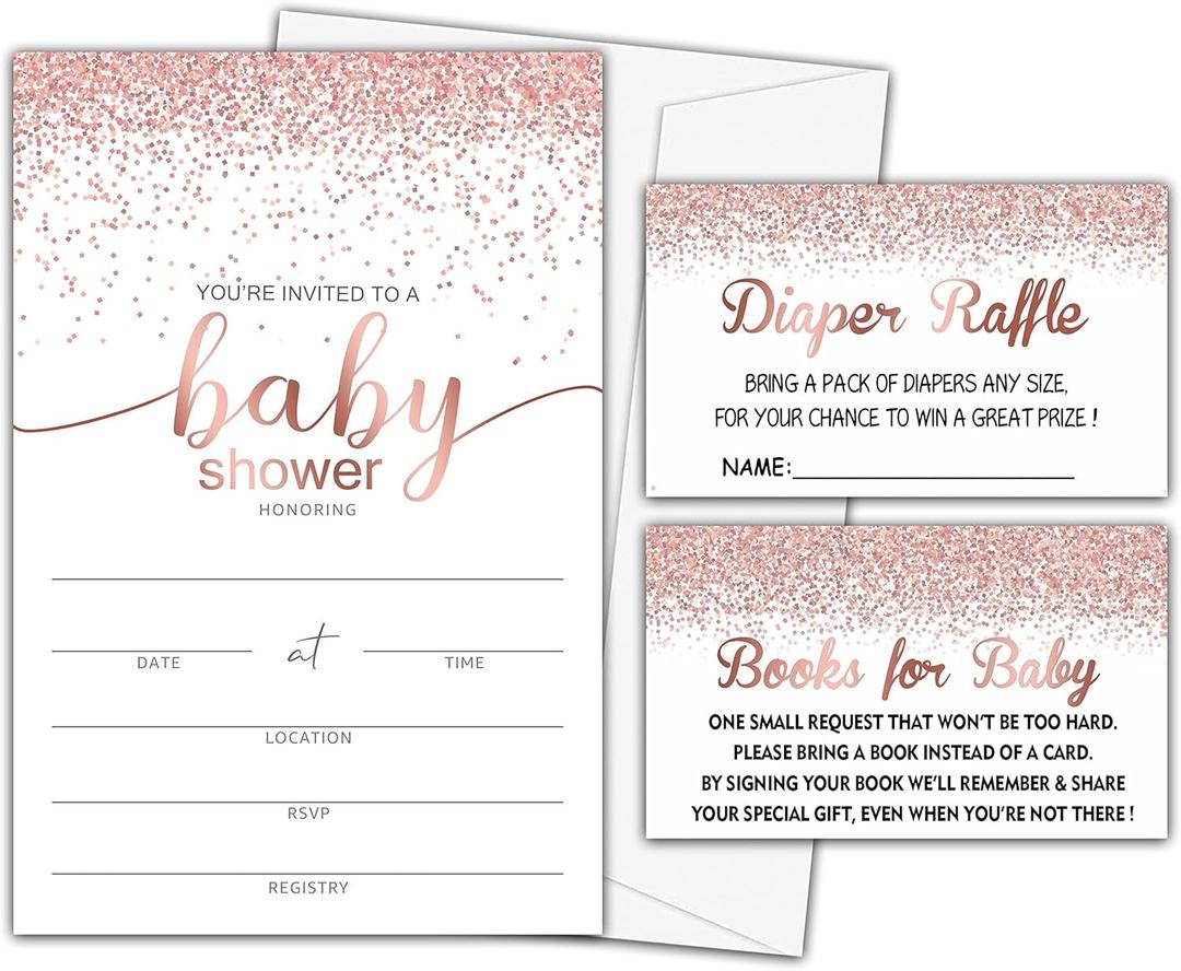 Baby Shower Invitation Kit, Diaper Raffle Games, Books For Baby, Pink Rose Gold Baby Gender Reveal Fill In Invites Cards, Each Design 25 Cards & 25 Envelopes A Total of 100 set - BABYSET-003
