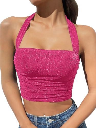 OYOANGLE Women's Glitter Sparkly Sleeveless Tie Backless Ruched Crop Halter Tops Party Clubwear M