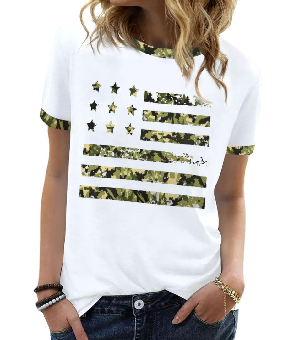 YZMI American Flag Shirts Women 4th of July Memorial Day Shirt Short Sleeve Camouflage Ringer Stars Stripes Graphic Apparel C-White M (White, M)
