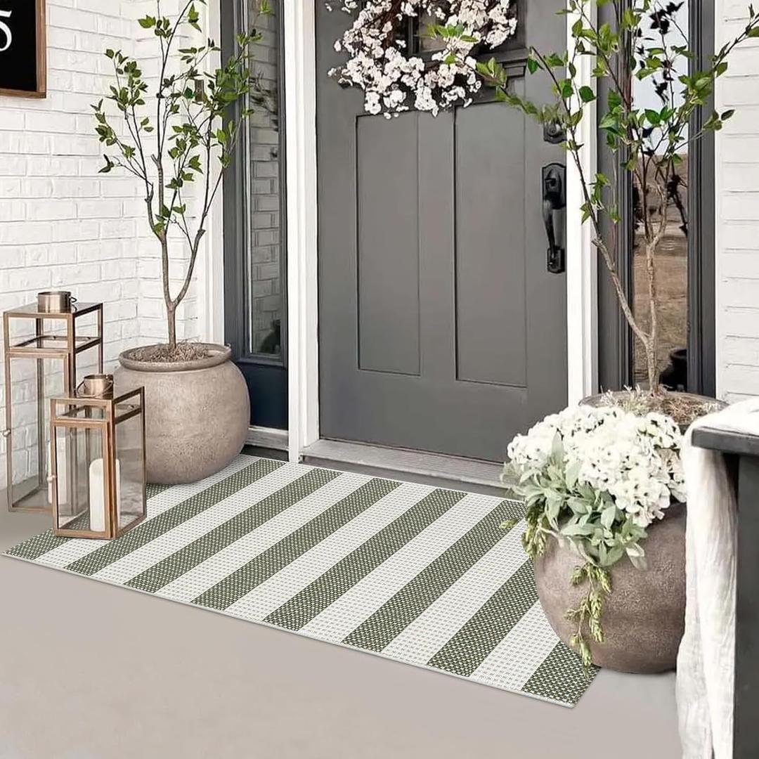 Boho Striped Front Door Mat Outside Entrance 2x4.3,Green and White Washable Porch Rug Runner,Cotton Hand Woven Indoor Outdoor Rugs,Foldable Farmhouse Layered Door Mats for Entryway