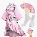Women's Kimono Robe Geisha Yukata Sweet Tuxedo Ruffle Dress Blossom Satin Bathrobe Sleepwear Fans Tabi Socks Set, Size L
