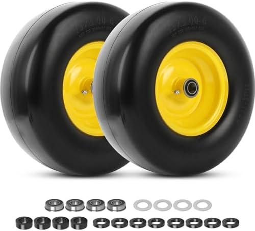 AR-PRO 13x5.00-6 Flat Free Tire and Wheel, Relacement 13x5-6 Solid Smooth Tread Tire with Rim for Garden Tractor Riding Lawn Mowers, 3.25"-5.5" Centered Hub and 3/4" Bearings extra 5/8" (2-Pack)