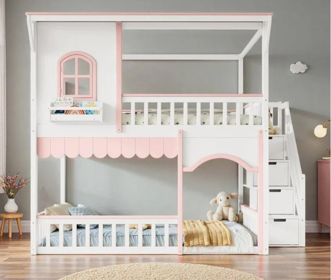 NCKMYB House Bunk Bed with Storage Stairs and Side Bookshelf, Full Size Loft Bed, White + Pink