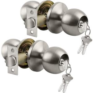 BESTTEN [2 Pack] Entry Door Knob with Lock, Keyed Different Door Lock for Exterior Door and Front Door, Standard Ball, Satin Nickel, Adjustable Latch