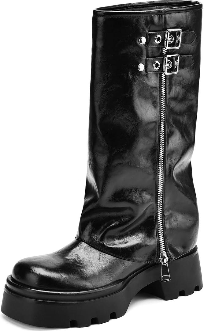 TEAIEUI Knee High Boots Women Chunky Platform Moto Riding Boots Slouchy Fold Over Wide Calf Motorcycle Biker Boots for Women with Fashion Buckle