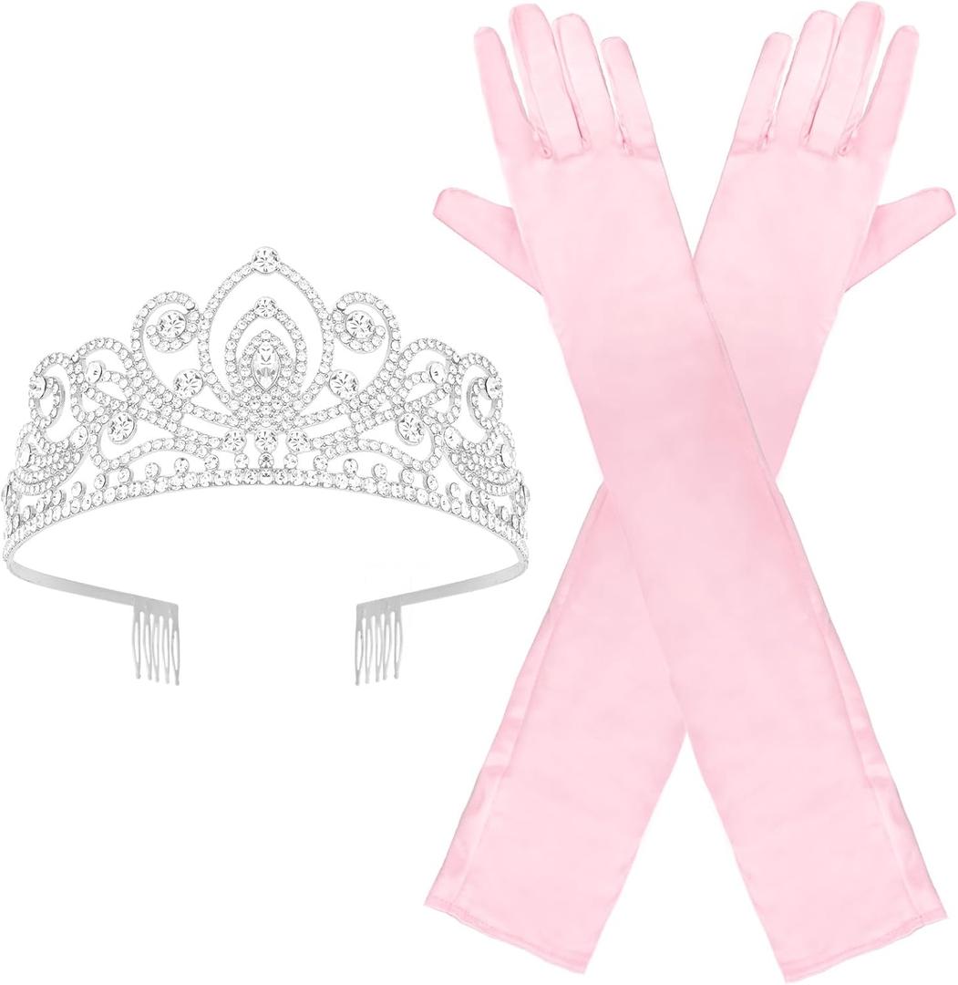 Long Satin Gloves and Crystal Tiara Crown for Bride,1920s Opera Gloves Wedding Accessories Party Decorations (Pink - Style B)
