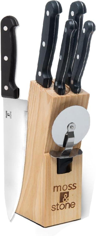 Moss & Stone 7-Piece Kitchen Knife Set with Block  Stainless Steel Serrated Kitchen Knives, High Carbon Blades, Small Cutlery Set for Home Cooking, Compact Countertop Small Knife Set Wood Block