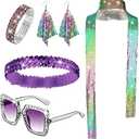 Sasylvia 5 Pcs 70s Disco Accessories Halloween Women Costume Jewelry Sequin Scarf Earrings Sunglasses Bracelet Headband