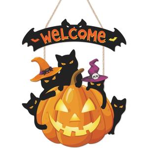 TOARTi 2Pcs Halloween Welcome Front Door Signs Black Cats Welcome Wall Signs Vintage Pumpkin Wall Hanging Bats Wood Sign Halloween Cats Hanging Decor for Porch Outdoor Party Decorations