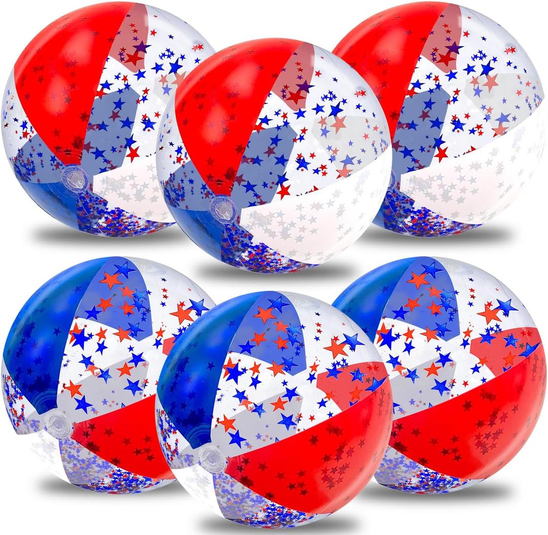 6 Pack 20 Inch Patriotic Inflatable Beach Balls Bulk, 4th of July Confetti Red White and Blue Large Beach Ball for Kids Adults 250th Anniversary Beach & Summer Pool Party Decorations Pool Toys Games