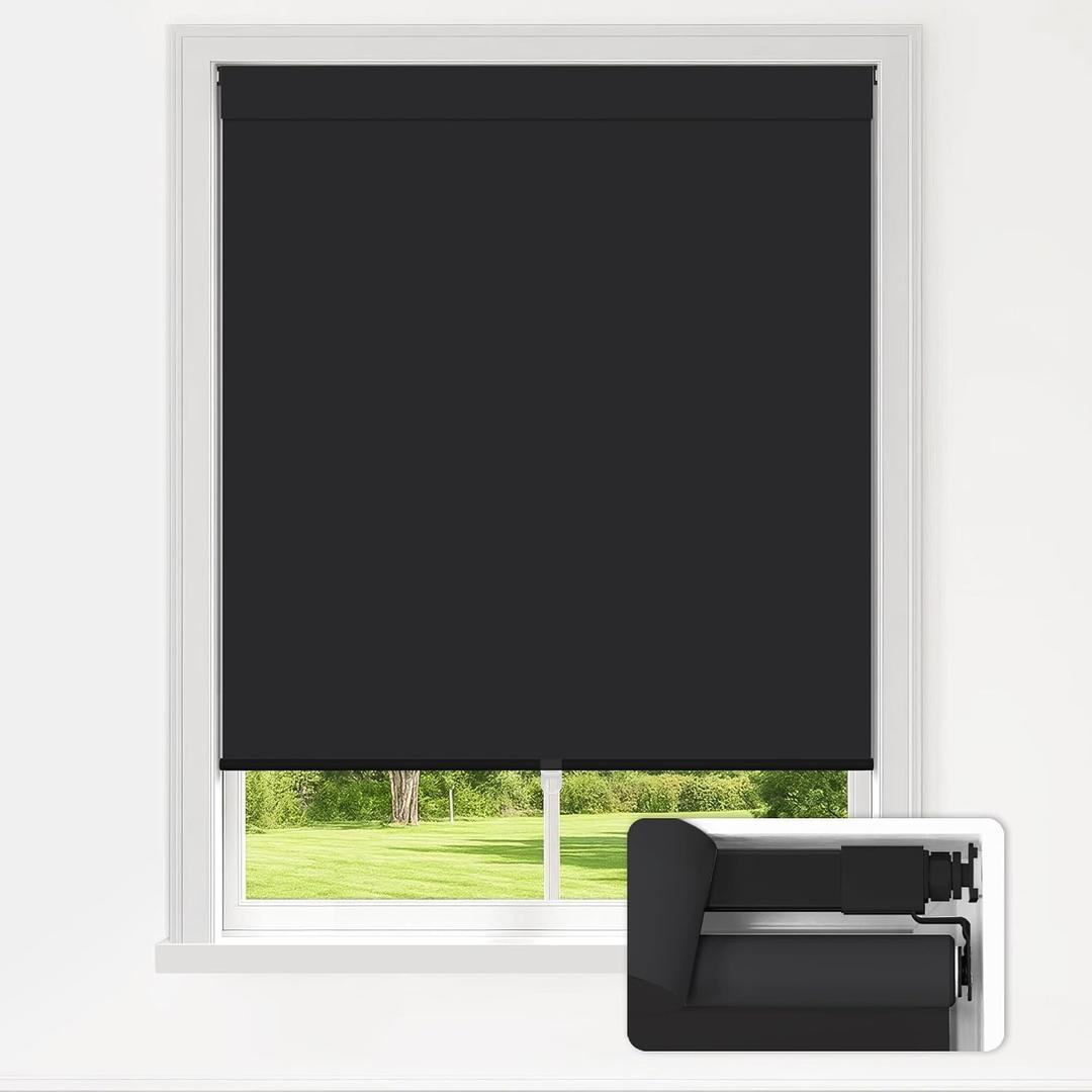 LazBlinds No Drill Blinds for Indoor Windows, Blackout Roller Shades, Cordless Window Blackout Blinds, Thermal Insulated Fabric UV Protection for Home and Office, 29.5" W x 72" H, Black