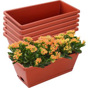 Window Box Planter, 7 Pack Plastic Vegetable Flower Planters Boxes 17 Inches Rectangular Flower Pots with Saucers for Indoor Outdoor Garden, Patio, Home Decor (Red)