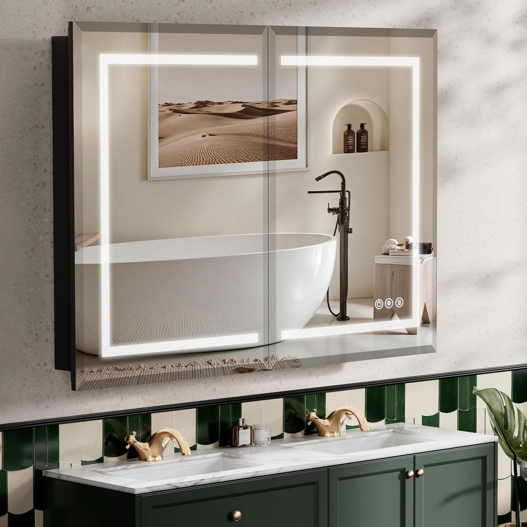 Medicine Cabinet, LED Mirror Cabinet for Bathroom with 3-Color with Mirror Defog, Recessed or Surfaced Wall-Mounted (36X30)