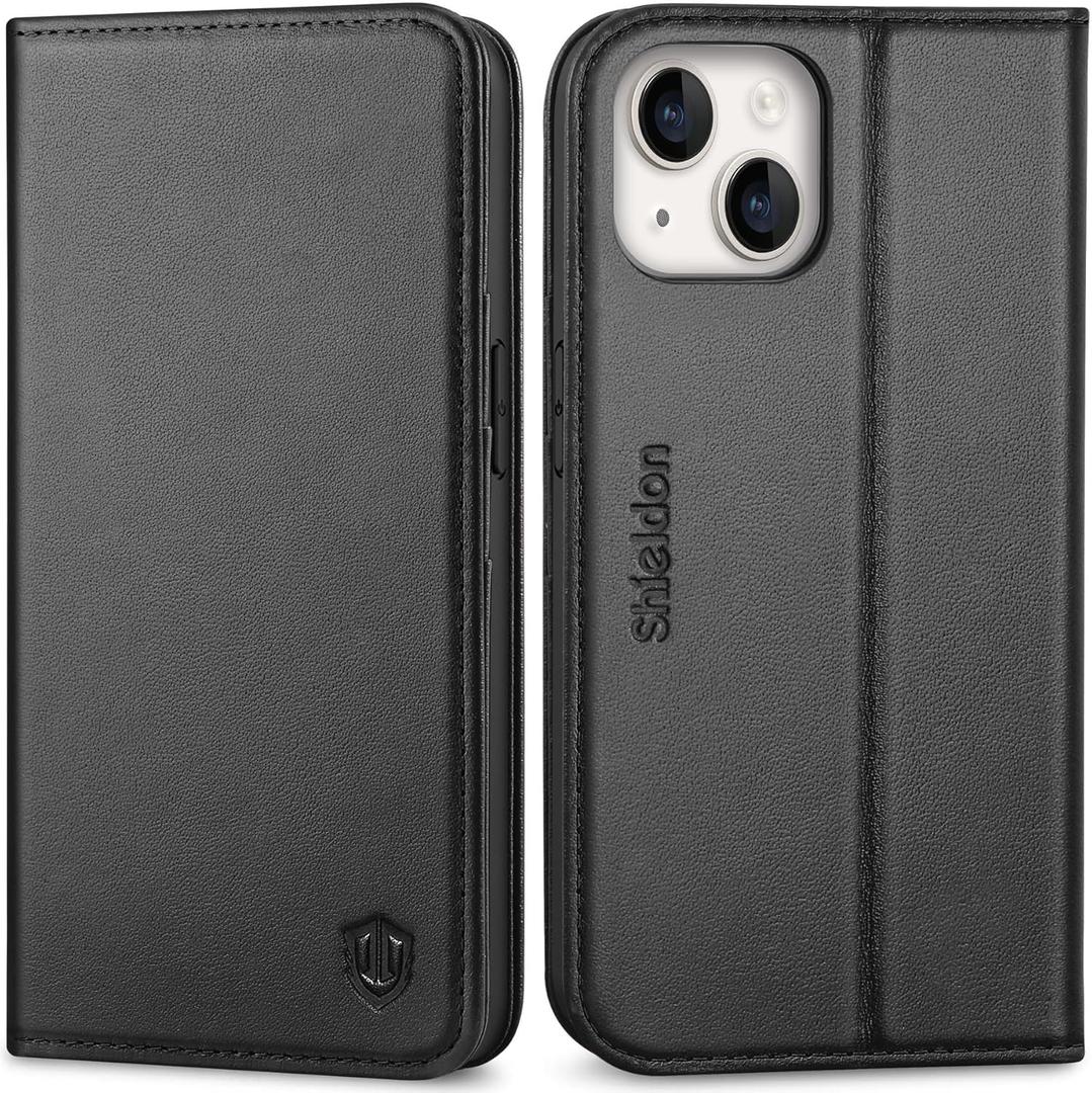 SHIELDON Case for iPhone 14 6.1", Genuine Leather Wallet Folio Case [Magnetic Closure] [RFID Blocking Card Slots] [Kickstand] Full Protection Cover Compatible with iPhone 14 2022 - Black