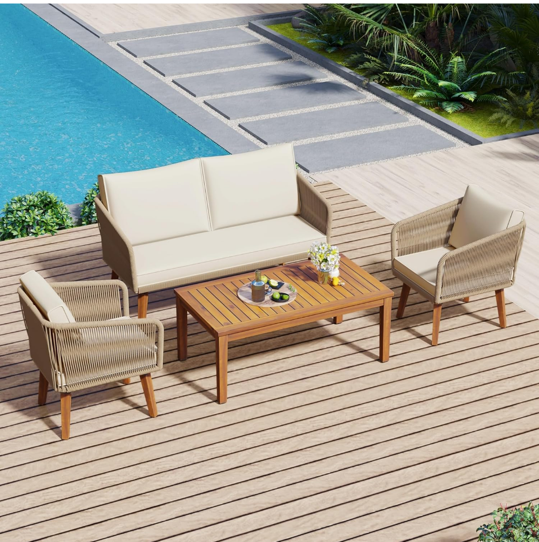 Generic Modern 2-Piece Chair with  Rope Patio Furniture Set, Outdoor Furniture with Acacia Wood Cool Bar Table with Ice Bucket, Deep Seat Patio Conversation Set with Two Stools for Backyard Porch Balcony (Black & Beige)